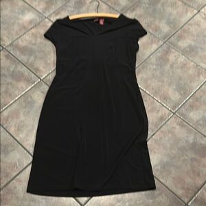 Black Sheath Midi Dress with V-Neck and Cap Sleeves